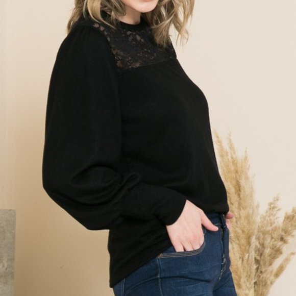 Black Lace Yoke Knit Top with Puff Sleeves - Picture 4 of 4